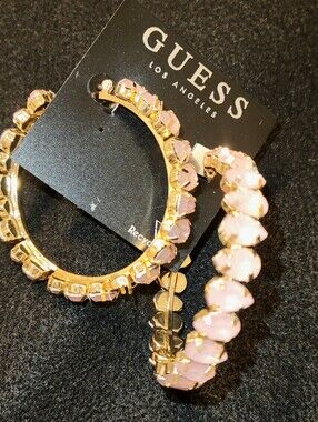 GUESS Gold Hoop Earrings with Pale Pink Crystals